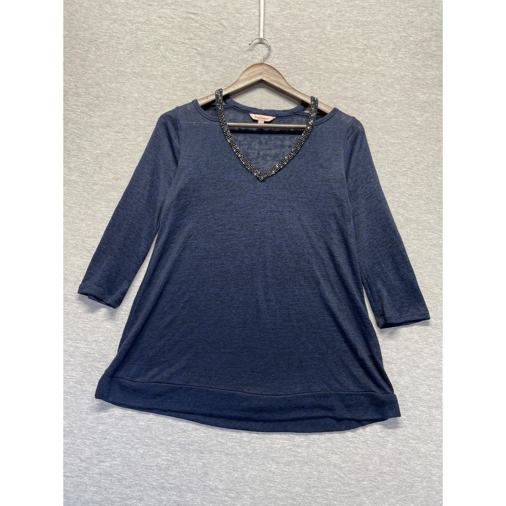 Juicy Couture Blouse Top Women Small Blue Cold Shoulder Rhinestone Detail V-Neck
